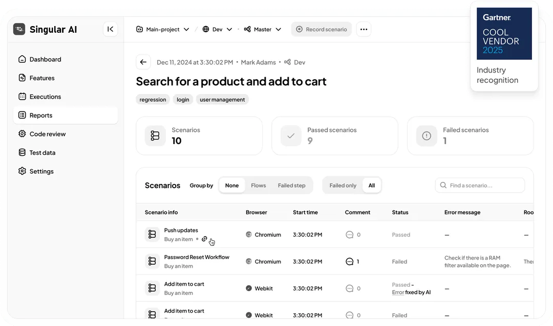 Product screenshot showcasing test report interface